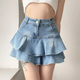 GETADME Vintage Denim Skirt Shorts Women Summer Korean Fashion High Waist A-line Wash Blue Slim Cute Sexy Mini Jeans Ruffle Skirt Female