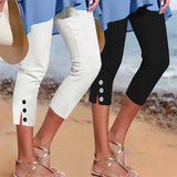 GETADME 2025 Cross border Summer Mid waist Elastic Solid Color Seven point Pants Tight Fashion Sexy Button up Casual Pants for Women