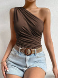 GETADME Women One Shoulder Pleated Tank Top Summer Solid Sleeveless Ruched T-shirt Streetwear Off the Shoulder Top