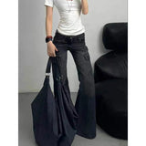 GETADME ZHIZOU Streetwear Vintage Black Jeans Women American Y2K Slim High Waist Flare Denim Pants Casual Multiple Pockets Denim Trouser