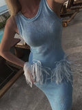 GETADME Knitted Feather Mermaid Dress Women Elegant Hollow Out Sleeveless Long Party Dresses Female 2025 Summer Spliced Beach Robes Lady