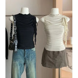 GETADME Streetwear Folds Tank Tops Women Lace Up Sleeveless Tshirts Korean Fashion Chic 2025 Summer Mesh  Casual Tanks Y2k