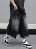 GETADME Men's Loose Ripped Denim Jeans 7 Point Calf Length Wide Leg Trousers Distressed Holes Frayed Hem Streetwear Casual Pants