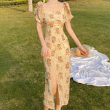 Getadme-Bubble sleeve floral dress casual women's elegant chic vintage boho Party formal occasion korean style beach long soft dresses