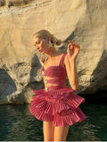 GETADME Sexy Shiny Hollow Out Layered Ruffle Mini Dress Women Fashion Backless Sleeveless Slim Dresses 2025 New Lady Party Vocation Gown