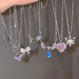 Getadme Y2K Crystal Bow Angel Wings Heart Pendant Necklace For Women Sweet Cool Girl Clavicle Chain Trendy Aesthetic Jewelry Accessories