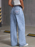 GETADME Women's Back Pocket Bow Embroidered Fashionable Wide Leg Pants Versatile Washed Denim Trousers