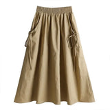 GETADME 2025 Summer New Versatile Solid Color Medium-Length Drawstring Pocket Skirt Women's Fashionable Workwear Half-Length Skirt