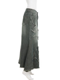 GETADME SUCHCUTE Y2k Patchwork Denim Long Skirt Women Retro Slim Ripped Mid-Waisted Mermaid Hem Skirts Fashion Tassel Irregular Skirt