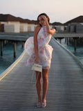 GETADME Print Short Dress For Women Sleeveless Cascading ruffle Draped Backless Robes 2025 Summer Elegant Female Party Dresses