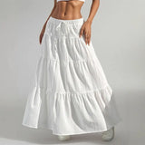 GETADME Summer Women White Long Skirt Solid Basic Lace Up Bow Low-Waisted Big Swing Skirts Female Street Casual Loose Spliced Maxi Dress