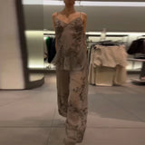 GETADME 2026 Vintage Embroidery Lantern Pants Set Women Chic Sequin Splice Mesh Spaghetti Strap Backless Sling Suit Lady Daily Date Wear