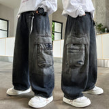 GETADME 2026 Autumn New Children Denim Cargo Pants Korean Style Teens Boys Straight Jeans Children Loose Casual Cotton Trousers