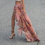GETADME Boho Floral Print Irregular Long Skirt Holiday Party Retro French Style A-line Ruffle Maxi Skirts Coquette Holiday