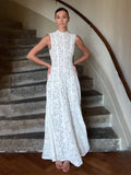 GETADME Women Elegant White Lace Pleated Long Dresses 2025 Spring New High Collar Sleeved Wrapped Waist Dress Fashion Lady Wedding Robes