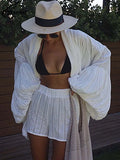 GETADME Oymimi Fashion White Cotton Women's Two Pieces Set Elegant Puff Sleeve Loose Lace-Up Shirts And High Waisted Shorts Female Sets