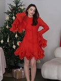 GETADME Vintage Flared Sleeve Puffy Mini Dress Women Elegant Waist-cinching Single Breasted Slim Party Dresses Female Chic Party Holiday