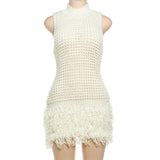 GETADME Sexy Club Party Knitted Hollow Out Turtleneck Tassel Skinny Patchwork Birthday Dresses for Woman Sleeveless Solid Elegant Outfit