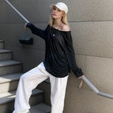 GETADME Sexy Sheer Baggy T-shirt for Women 2026 Summer Casual Fashion Loose Pullovers Chic Lazy Solid Color Off Shoulder Top Streetwear