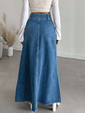 GETADME Women's long denim midi skirt for spring and autumn seasons. Suitable for various occasions such as daily wear, commuting, and g
