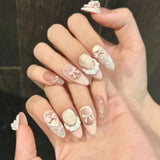 GETADME 10pcs Handmade Press on Nails French Cat Eye Pink Bow Decor Korean False Nails Wearable Full Cover Ins Almond False Nail Tips