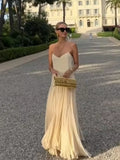 GETADME Solid Women Patchwork Suspender Maxi Dress Fashion V-neck Sleeveless Pleated Long Dresses Summer Female Chic Holiday Vestido