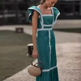 GETADME Women's Clothing Square Collar Color Contrast Patchwork Dress Sleeveless High Waist Fashion Casual Dress