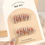 GETADME 10개 수제 가짜 손톱 라인스톤 투명 스팽글 롱 프레스 온 네일 팁 3D 나비 장식 가짜 손톱 고품질 