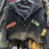 GETADME American retro old wash jeans vest women's fashion high-end stitching hole design short sleeveless hooded patch coat jacket.