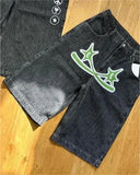 GETADME American Retro Gothic Halloween Geometry Graffiti Print Denim Shorts Men Women Y2k Low Waist Baggy Knee Length Jeans Jorts Short