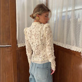 GETADME Elegant Embroidery Puff Sleeve White Shirts Summer Sexy Hollow Out Lace Blouse Casual Sand Collar Top 2025 Vintage Shirts