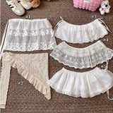 GETADME Y2K Mini Skirts Women Harajuku Aesthetic White Tulle Bandage Skirt Japanese Vintage Lolita Lace Trim Miniskirt Matching Pants