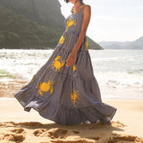 GETADME Women Cute Embroidered Maxi Dress Beach Dress Summer Boho Ruffle Long Dress Spaghetti Strap Flowy Maxi Dress