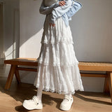 GETADME Sweet Lace Ruffles Long Skirt Women Summer Cute Puff Cake A Line Skirt Woman Korean Style High Waist White Chiffon Tulle Skirt