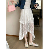 White Lace Asymmetrical Skirt Women Fairycore Sweet Vintage Mid Irregular Skirt Korean Style Aesthetic Ruffle Skirts