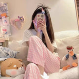 GETADME 여름 홈웨어 플레드 9포인트 팬츠 캐주얼 릴렉스 통기성 얇은 신축성 허리 팬츠 여학생 파자마 팬츠