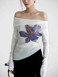 GETADME Trendix Knit Print Pullover For Women 2025 Summer Long Sleeve Asymmetric Top Ladies Party Sexy Off Shoulder Knitwear Flower Tops
