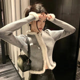 Getadme-Gray Hairy Patchwork Cardigan Women Korean Chic Slim Fit Pockets Short Jacket Ladies Autumn Winter Wild Long Sleeve Coat