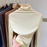 GETADME 섹시 여성 티셔츠 시스루 투명 메쉬 탑 긴팔 시스루 슬림 여성 솔리드 터틀넥 실크 티셔츠 레이스 크롭 탑