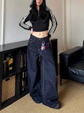 GETADME Women's Vintage Deep Blue Loose Wide Leg Jeans Street Cool Girl High Waist Baggy Pants Female Casual Straight Denim Trousers