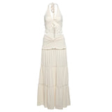 GETADME Trendix 플리츠 패치워크 러플 드레스 세트 여성용 V넥 백리스 레이스업 브라 바캉스 섹시 비치 롱 스커트 투피스 슈트