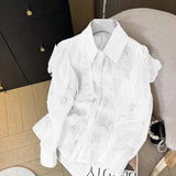 GETADME Spring Summer Long Sleeve Sequins Petals Applique White Beige Mesh Shirts and Blouses For Women Sexy See- through Tops