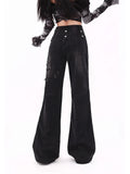 GETADME 여름 여성 한국 패션 블랙 플레어 진 Y2K 일본 스트리트웨어 로우 라이즈 벨 보텀 데님 팬츠 롱 팬츠 2000년대 K팝