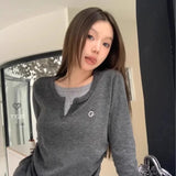 GETADME 2026 Autumn Winter Long Sleeves Korean Fashion Style O-neck Tshirt For Women Fake two items T-shirts Ladies Top Tee Clothes