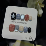 GETADME 10pcs Short Oval Shaped Press-On Nails - Color Block Stripes & Star Designs Glossy Mix-and-Match False Nails for Women and Girls