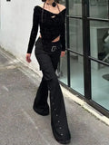 GETADME Retro New Pure Black Rivet Design Belt Decorative Slim Pants for Women Y2K Harajuku Goth Low-Waisted Flared Pants