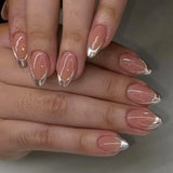 GETADME 24Pcs Short Oval Head Blush Pink Press on Nails with Simple Designs Almond Nails Wearable Acrylic Full Cover Nail Tips with Glue