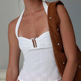GETADME Chic Pink Pleated Sleeveless Tops Fashion Lace Up Off Shoulder Slim Fit Halter Vest New Women's Summer Vacation Party Top 2025