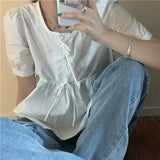 GETADME Ruffles Shirts and Blouses Korea Short Sleeve Top Women 2025 Summer Lace-up Sweet Blouses Cute Elegant Solid Sweet Folds Clothes