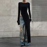 GETADME Y2K 여성 의류 긴팔 가을 사이드 하이 스플릿 O넥 롱 스타일 스트리트웨어 티셔츠 솔리드 타이트 여성 티셔츠 클럽웨어